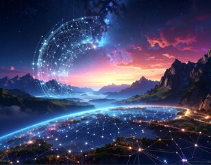 Digital globe landscape with connected nodes and a scenic sunset