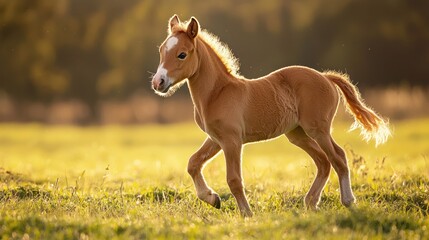 Fototapeta premium A young, light brown horse running in a grassy field with a golden sunset in the background.