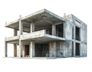 Concrete building under construction, uncompleted, with exposed beams and open spaces