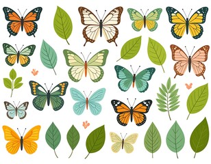 Colorful digital illustration featuring butterflies of various colors and leaves