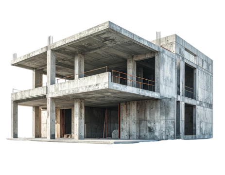 Concrete building under construction, uncompleted, with exposed beams and open spaces