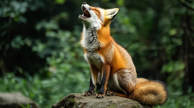 A red fox sitting on a rock in a forest, with its mouth open as if howling. - Powered by Adobe