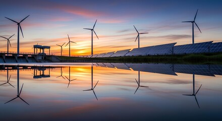 Obraz premium Wind Turbines and Solar Panels Reflecting in Water at Sunset