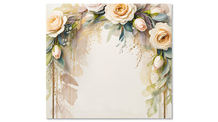 Elegant floral arch adorned with delicate roses and shimmering gold accents, perfect for wedding invitations or sophisticated event decor.