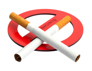 Two crossed cigarettes with "No Smoking" text overlaid by a red prohibition symbol