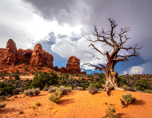 Dramatic view of a desert landscape with sandstone formations and a dead tree