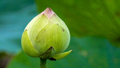 Close-up view of a partially open green lotus flower bud with a blurred leaf background