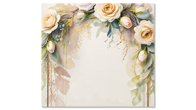 Elegant floral arch adorned with delicate roses and shimmering gold accents, perfect for wedding invitations or sophisticated event decor. - Powered by Adobe