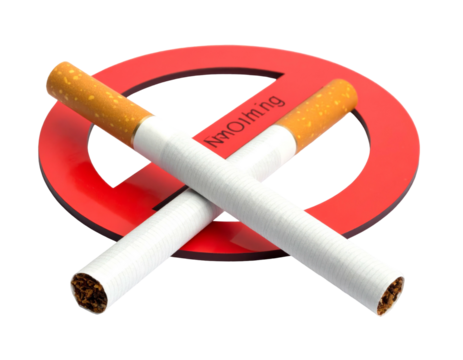 Two crossed cigarettes with "No Smoking" text overlaid by a red prohibition symbol