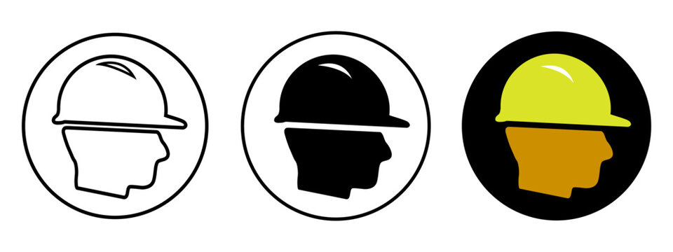 Man wearing hard hat icon for architect, civil engineer and industrial workers. Men at work symbol. Protective helmet vector illustration for workplace safety with ISO, OSHA norms. [Isolated]