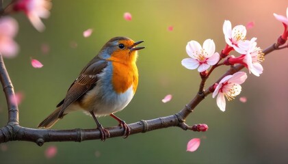 A vibrant robin redbreast perched on a blossoming branch, singing its springtime song amidst a flurry of falling petals Perfect for nature, spring, and wildlife themes , delicate, cheerful, avian