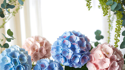 Vibrant hydrangea blooms in delicate pastel shades create a romantic and elegant floral display perfect for spring celebrations and sophisticated decor.