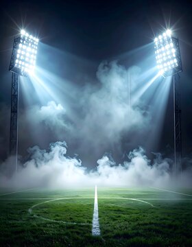 Stadium lights illuminating a foggy field at night