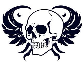 Obraz premium Creepy skull logo, Bone head outline, Minimal skull design, Flat skull vector, Black skull shape, White skull icon, Skull pictogram, Simple skull illustration, Modern skull logo, Aesthetic skull graph