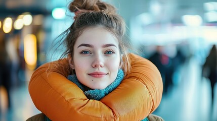 A young woman with long hair, wearing a green jacket, standing in an airport terminal.