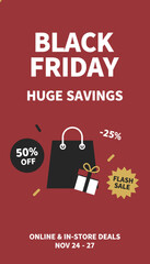 Black Friday huge savings promotion with shopping bag and gift box Online  instore deals