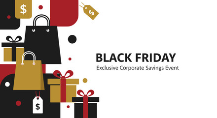 Black Friday sale banner corporate savings event graphic with gifts and shopping bags