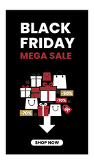 Black Friday Mega Sale banner with shopping bags gift boxes discount tags and shop now button