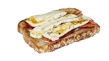 Enjoy a delicious open-faced sandwich featuring crispy bacon and grilled cheese on nutty oat bread /transparent PNG file/