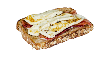 Enjoy a delicious open-faced sandwich featuring crispy bacon and grilled cheese on nutty oat bread /transparent PNG file/