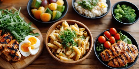 Diverse Healthy Meal Spread with Grilled Chicken