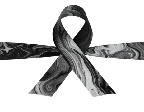 A grayscale ribbon with marbled texture on black background symbolizing awareness - Powered by Adobe