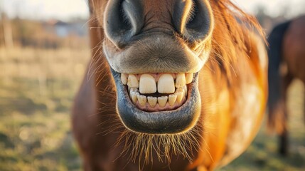 A brown horse with a white beard and black nose, standing in a field with a blurred background.