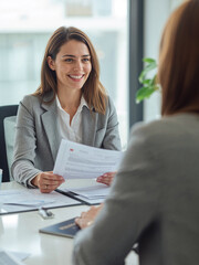 Friendly consultant meeting with a client. Smiling woman holding application form, passport on the table. Immigration or travel agency concept. Over the shoulder shot.