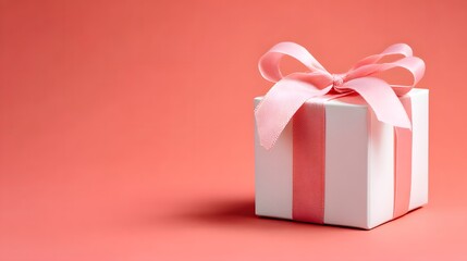 Obraz premium White gift box with pink ribbon and bow on pink background.