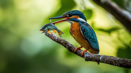 Fototapeta premium A kingfisher perched on a branch with a small fish in its beak.