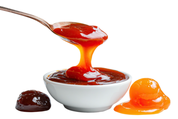 A spoonful of thick red sauce cascading into a white bowl, with a puddle