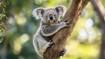 Fototapeta premium A koala bear sitting on a tree branch with its arms wrapped around the trunk.