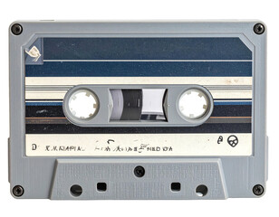 Fototapeta premium A retro audio cassette, gray with label and tape, set against a white background