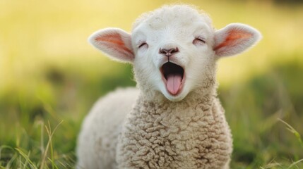 Fototapeta premium A white lamb with closed eyes and a wide open mouth, sitting on a grassy field with a blurred green background.