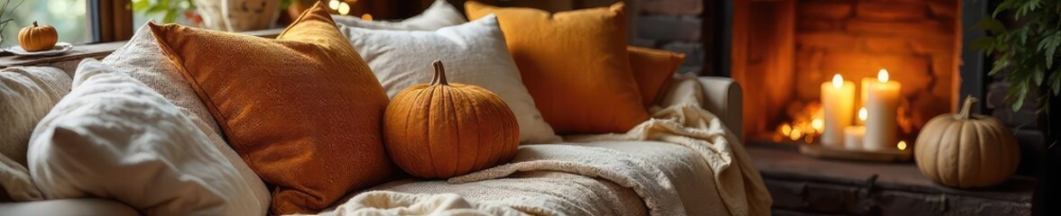 Cozy living room decorated with warm-toned throw pillows, textured blankets, and candles, creating a relaxed and inviting atmosphere  Perfect for autumn or winter ,  comfort,  interior design