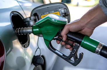 Fueling up a vehicle at a gas station. A person's hand holds the green and black fuel pump nozzle, inserting it into the car's fuel tank for refueling.  Gasoline or petrol.