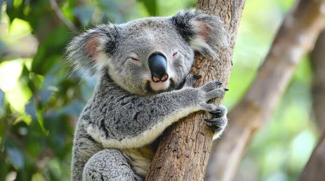 A koala bear sleeping on a tree branch in a forest. - Powered by Adobe