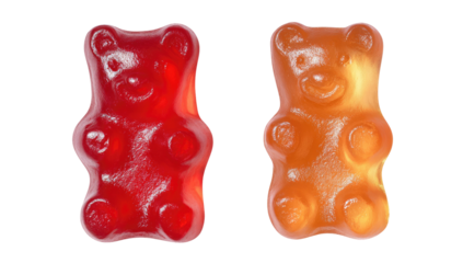 Two colorful, translucent gummy bear candies, one red and one orange, isolated on a transparent backdrop