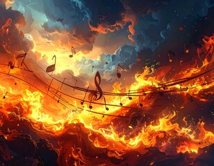 Dramatic musical score floating through a fiery, vibrant sky