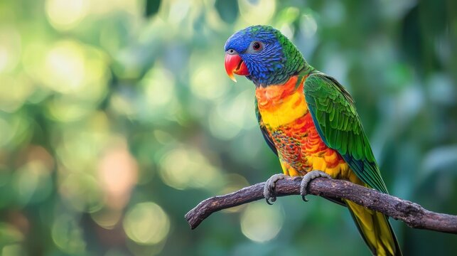 A colorful parrot perched on a branch with a blurred green background.