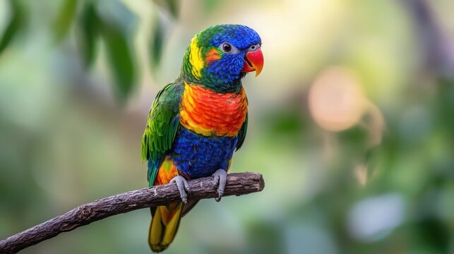 A colorful parrot perched on a branch with a blurred green background.