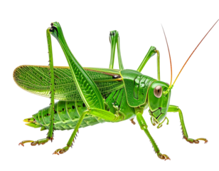 A vivid, close-up photograph of a bright green grasshopper with detailed features
