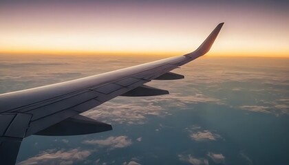 Fototapeta premium Airplane Wing Against Sunset: Aerial View Above Clouds, Golden Hour Travel.