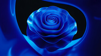 Stunning abstract blue metallic rose unfurling its petals in a dynamic, flowing ribbon, symbolizing growth and elegance.