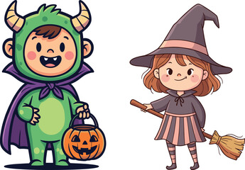 Halloween children in costumes, cartoon monster and witch characters, festive vector with pumpkin bucket, broomstick, trick-or-treat scene, holiday fun