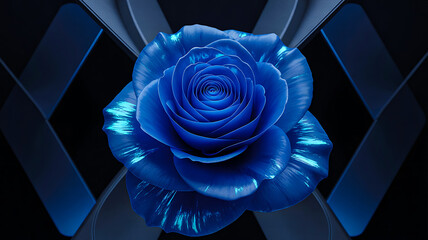 Stunning deep blue rose with metallic sheen, symbolizing luxury, mystery, and elegance in a modern abstract setting.