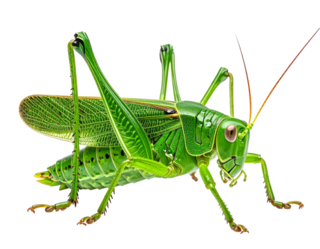 A vivid, close-up photograph of a bright green grasshopper with detailed features
