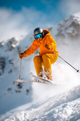 skier jumping in the snow mountains on the slope with his ski and professional equipment on a sunny day
