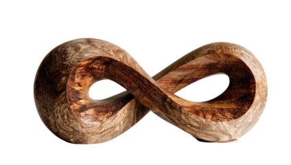 Wooden sculpture of the infinity symbol against a black background, showing natural grain