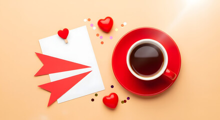 Red cup of coffee with hearts and a blank card on a beige background